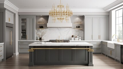Modern classic kitchen in a luxury apartment. Large kitchen island with marble top, luxurious chandelier, gilded details, modern kitchen appliances. Comfortable working environment. 3D rendering.