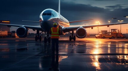 Naklejka premium Airport ground crew worker checking airplane on tarmac