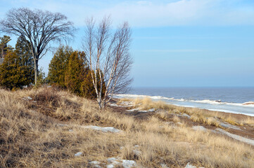 Fototapeta na wymiar Lake Michigan Winter Shoreline At Point Beach State Forest, Two Rivers, Wisconsin
