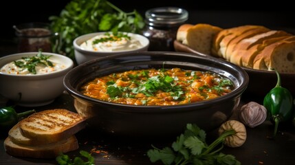 Traditional Turkish Menemen in a bowl, close-up. Created with generative AI.