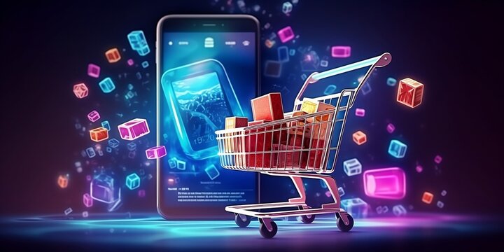 Futuristic online shopping technology digital payment from mobile phone. Generative AI technology