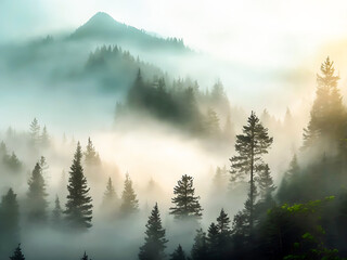 Majestic Morning- Realistic Illustration of Mountains, Forest, and Enchanting Fog