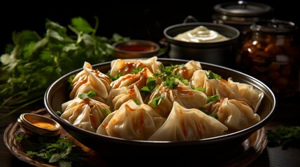 Traditional Turkish Manti in a bowl, close-up. Created with generative AI.