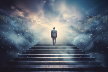 Fototapeta na wymiar Ascending to success: An ambitious businessman climbing stairs, symbolizing the journey of career path success, future planning, and thriving in business competitions, Generative AI