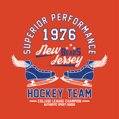 tee print design with ice hockey skate and college fonts as vector