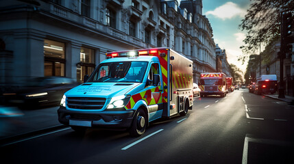 Fototapeta na wymiar an ambulance racing through the city on a stormy day with motion blur with reflections and blue lights Created using generative AI tools.