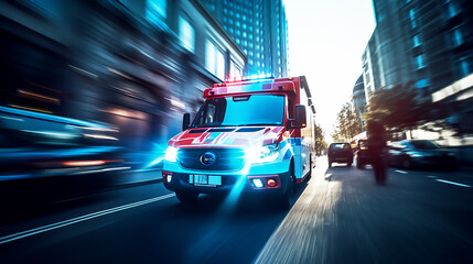 an ambulance racing through the city on a stormy day with motion blur with reflections and blue  lights  Created using generative AI tools.