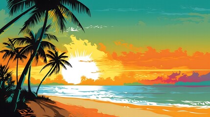 Fototapeta na wymiar Tropical beach with palm trees and sunset, cartoon illustration.