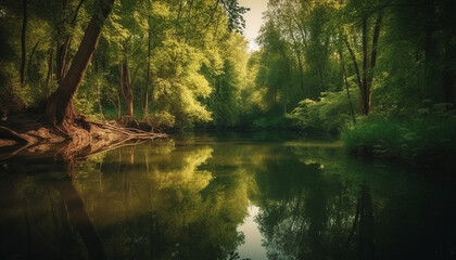 Tranquil scene of natural beauty forest, tree, reflection, pond, sunlight generated by AI