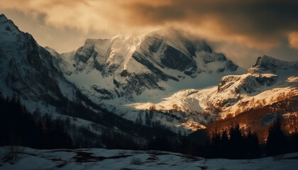 Obraz na płótnie Canvas Majestic snowcapped mountain peak in panoramic winter landscape generated by AI
