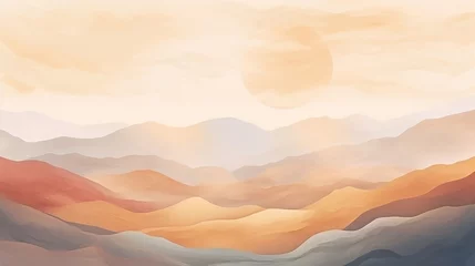 Deurstickers Fundo abstrato da paisagem da natureza. Papel de parede em design de estilo minimalista com colinas de montanha, pôr do sol, nascer do sol, aquarela, linhas de ouro. Para impressões, interiores, arte  © Alexandre