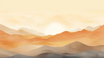 Foto op Canvas Fundo abstrato da paisagem da natureza. Papel de parede em design de estilo minimalista com colinas de montanha, pôr do sol, nascer do sol, aquarela, linhas de ouro. Para impressões, interiores, arte  © Alexandre