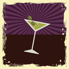 Martini drink with olives in flat retro style. Cold drinks promotional vintage poster. Vector nostalgia