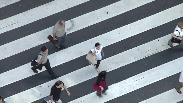 People Crossing Zebra Crosswalk in Buenos Aires, Argentina - Top View