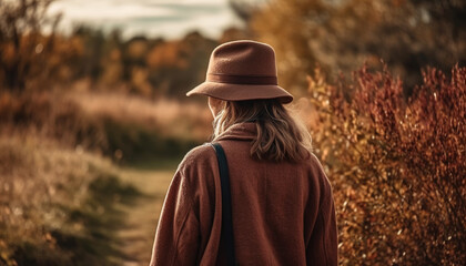 Caucasian male hiking in tranquil forest, enjoying autumn solitude generated by AI