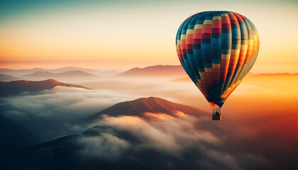 Adventure seekers soar high in multi colored hot air balloon generated by AI