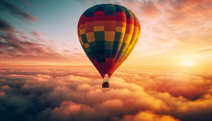 Multi colored hot air balloon soars high in the vibrant sky generated by AI