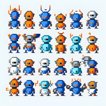 sprite sheet of blue and orange angry but cute little robots 16 bit art white background 