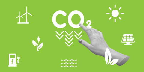 CO2 emission reduction neutrality concept. Stop global warming, reducing CO2. Hand chooses to reduce the level of carbon dioxide. Minimalist art collage