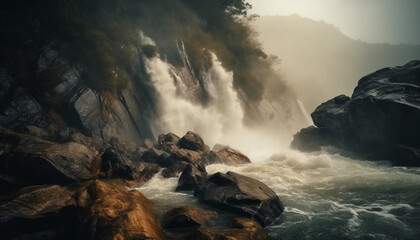 Obraz premium Majestic mountain landscape with flowing water and crashing waves generated by AI