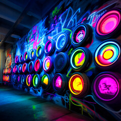 neon style graffiti wall of futuristic speakers, generative AI