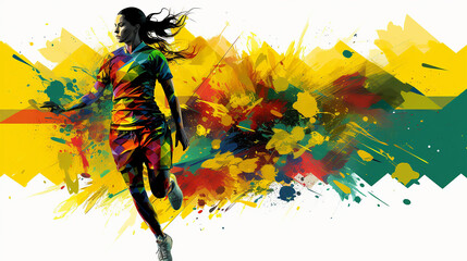 Papel de parede de fundo de silhueta dinâmico apresentando uma jogadora de futebol feminina criativa. Conceito para a Copa do Mundo Feminina da FIFA, cores do brasil