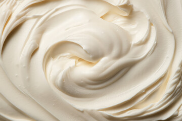 Texture of white ice cream background, close-up. Whipped mascarpone cream cheese top view. Overhead view of vanilla ice cream surface. Generative AI photo.