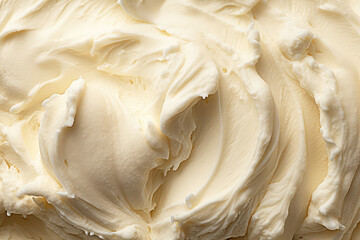 Texture of white ice cream background, close up. Whipped mascarpone cream cheese top view. Overhead view of vanilla ice cream surface. Generative AI photo.