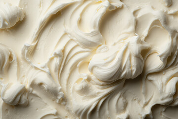 Fototapeta na wymiar Texture of white ice cream background, close-up. Whipped mascarpone cream cheese top view. Overhead view of vanilla ice cream surface. Generative AI photo.