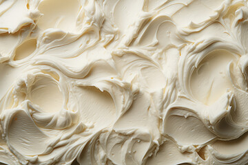Texture of white ice cream background, close up. Whipped mascarpone cream cheese top view. Overhead view of vanilla ice cream surface. Generative AI photo.
