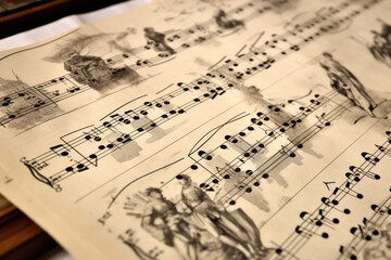 Fototapeta premium music notes on old paper sheet background, Created using generative AI tools.
