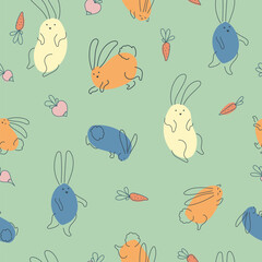 Seamless pattern with funny rabbits. Animal print. Pets. Festive decor. A pattern of simple elements. Vector illustration.