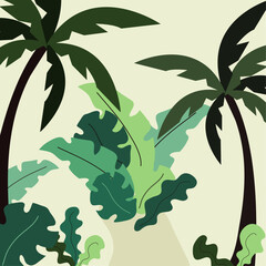 A set of big, small green plants with leaves and plants, palm trees for background, webs, posters, banners, cards