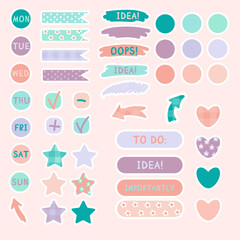 Cute paper notes in pastel colors. Stickers. Simple page. Stationary set. Notes and postcards for notes. Printable planner stickers. A note on the to-do list. Decorative element of planning. Vector