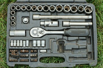  a set of different iron new chrome mechanical hand keys for car or motorcycle repair in a black plastic box lies on the green grass on the street