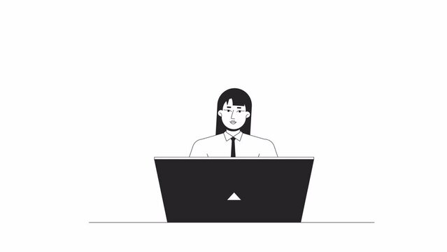 Female receptionist bw animation. Animated character office worker laptop. Secretary. Monochrome 2D flat outline cartoon 4K video, white background, alpha channel transparency for web design