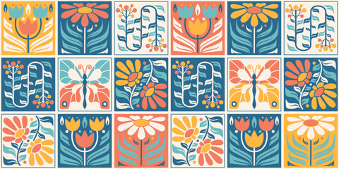 Nordic seamless wallpaper. Scandinavian folk floral mosaic background. Flower tile kitchen or home decor, patchwork, fabric. Vintage ornamental stylized graphic. - obrazy, fototapety, plakaty