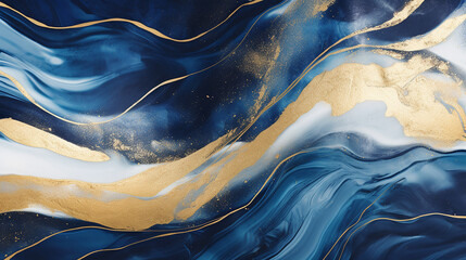 Obraz premium Fundo de luxo, mistura cativante de ouro e azul profundo, criando um design abstrato. Arte líquida. Fusão de cores ricas e texturas brilhantes. Sofisticação e elegância moderna