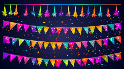 Neon Fête, confettis et cotillons - Bannière festivo - Elementos vetoriais editáveis ​​coloridos autour de la célébration de fêtes - Drapeaux, fanions - Couleurs vives et joyeuses - Festivities - obrazy, fototapety, plakaty