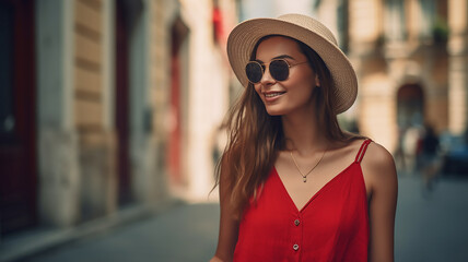Pretty woman-traveller walking on the city. Wearing stylish straw hat, sunglasses, generative AI tools