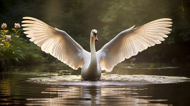 Cisne muda abre asas em lagoa tranquila
