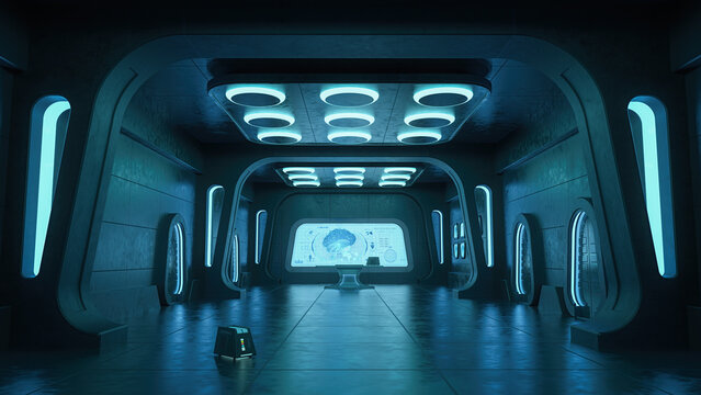 Futuristic science lab with large computer screen on the wall. 3D rendering.