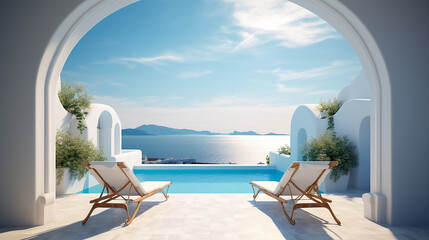 Fototapeta na wymiar Duas espreguiçadeiras no terraço com piscina com vista deslumbrante para o mar. Arquitetura branca mediterrânea tradicional com arco. Conceito de férias de verão.