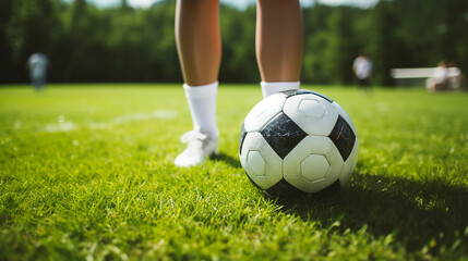 Obraz premium Pés de mulher e uma bola de futebol na grama, closeup. futebol feminino
