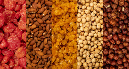 Photo collage of nuts almonds and hazelnuts and dried fruits.