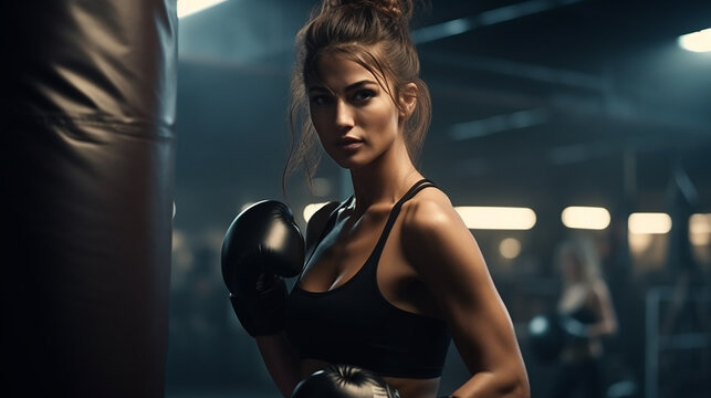 jovem mulher boxeadora kickboxing saco de boxe duro lutador feminino pr&aacute;tica de boxe na hora de ouro da aula de gin&aacute;stica