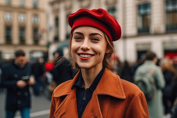 portrait of smiling girl with red hat in the city