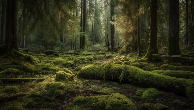 Tranquil scene of a non urban forest with wet foliage generated by AI