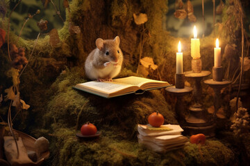 Clever mouse  in a burrow among moss and leaves reads a book by candlelight. AI generated
