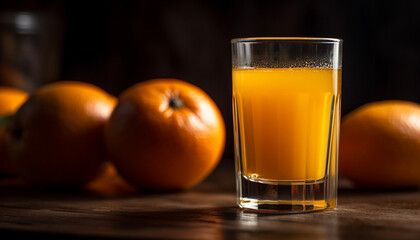 Fresh orange slice in glass on rustic wood table, refreshing drink generated by AI